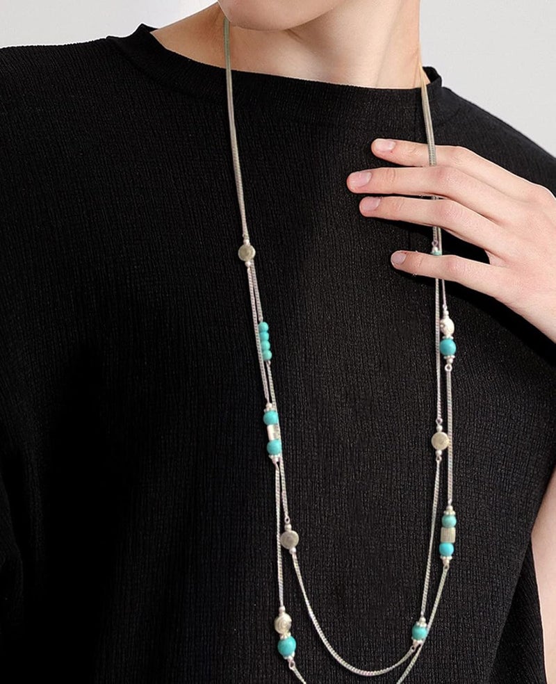 BULINLIN Layered Silver Long Necklace for Women Turquoise Stone Beaded Strand Sweater Chain Necklaces Fashion Costume Jewelry Gifts for Mom - Image 5